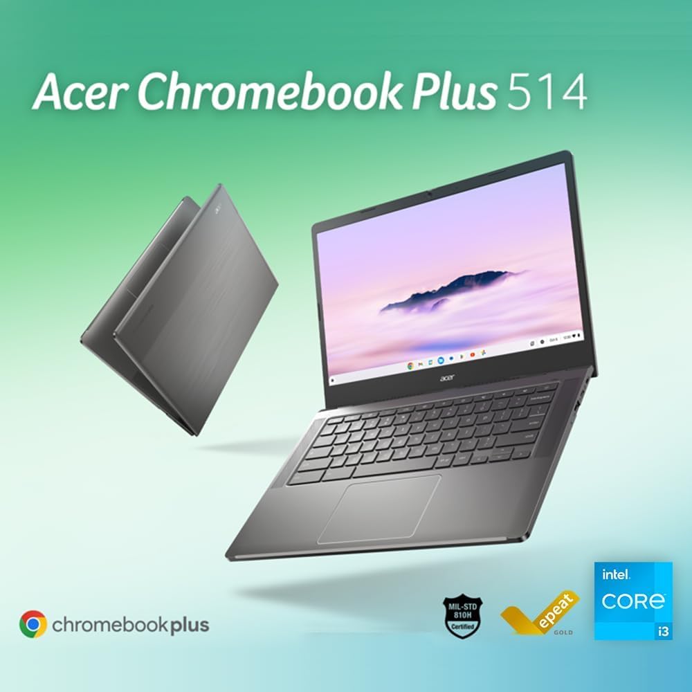 Chromebook Plus 514 Laptop with Google AI, Intel 8-Core i3-N305, 8 GB LPDDR5, 512 GB SSD, 14" FHD IPS Touch Screen, Wi-Fi 6E, Chrome OS H14928