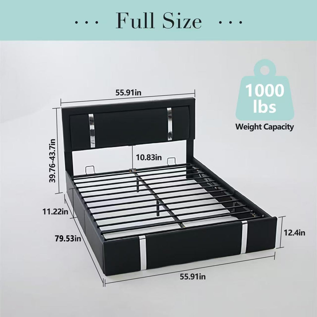 Black Faux Leather Upholstered Full Size Bed Frame with LED Headboard and USB Ports W735