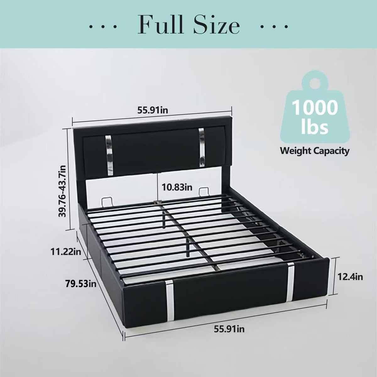 Black Faux Leather Upholstered Full Size Bed Frame with LED Headboard and USB Ports W735