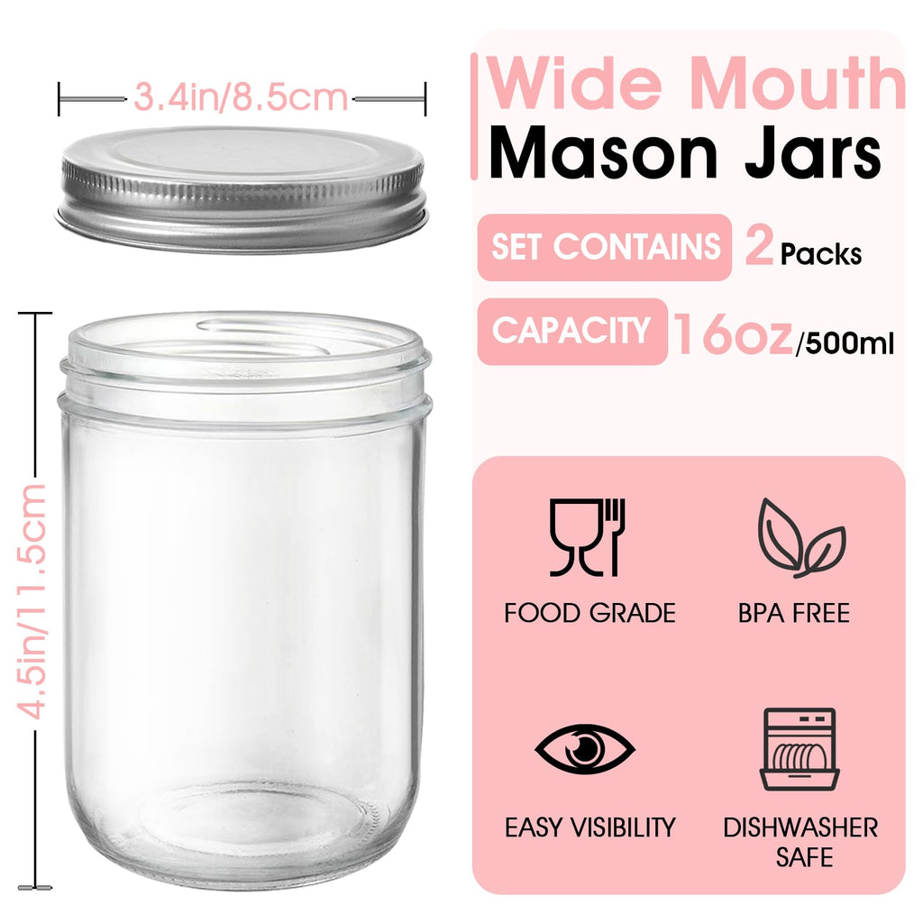 2 Pack 16oz Wide Mouth Airtight Glass Mason Jars J313