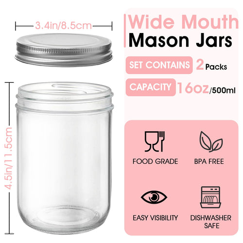 2 Pack 16oz Wide Mouth Airtight Glass Mason Jars J313