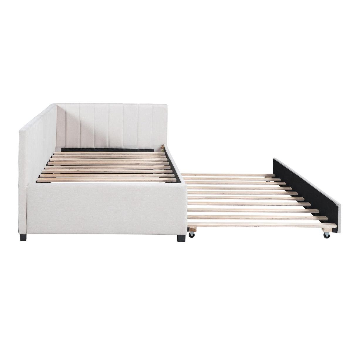 Beige Linen Upholstered Daybed with Trundle Twin Size K4541