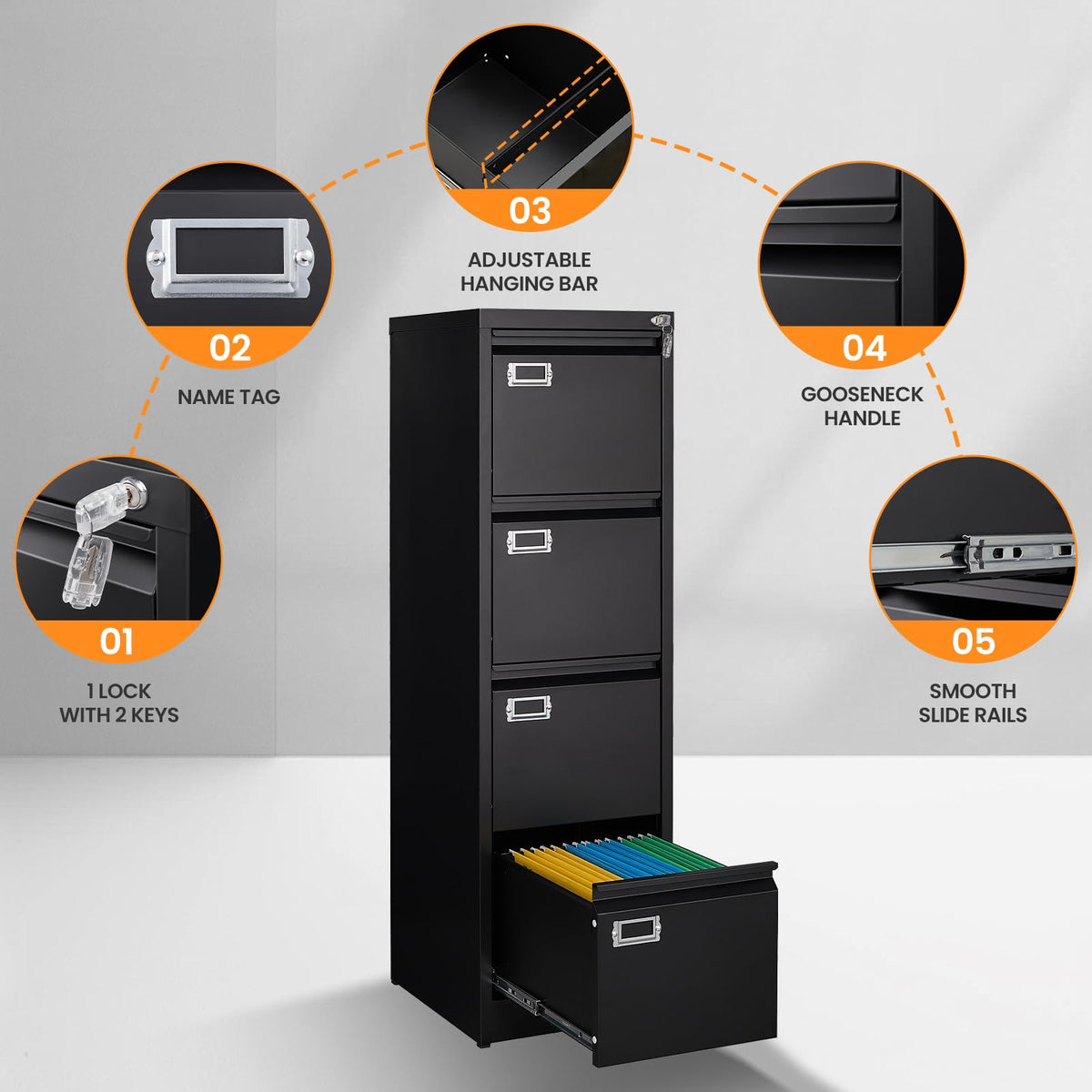4 Drawer Black Metal File Cabinet with Lock T3522