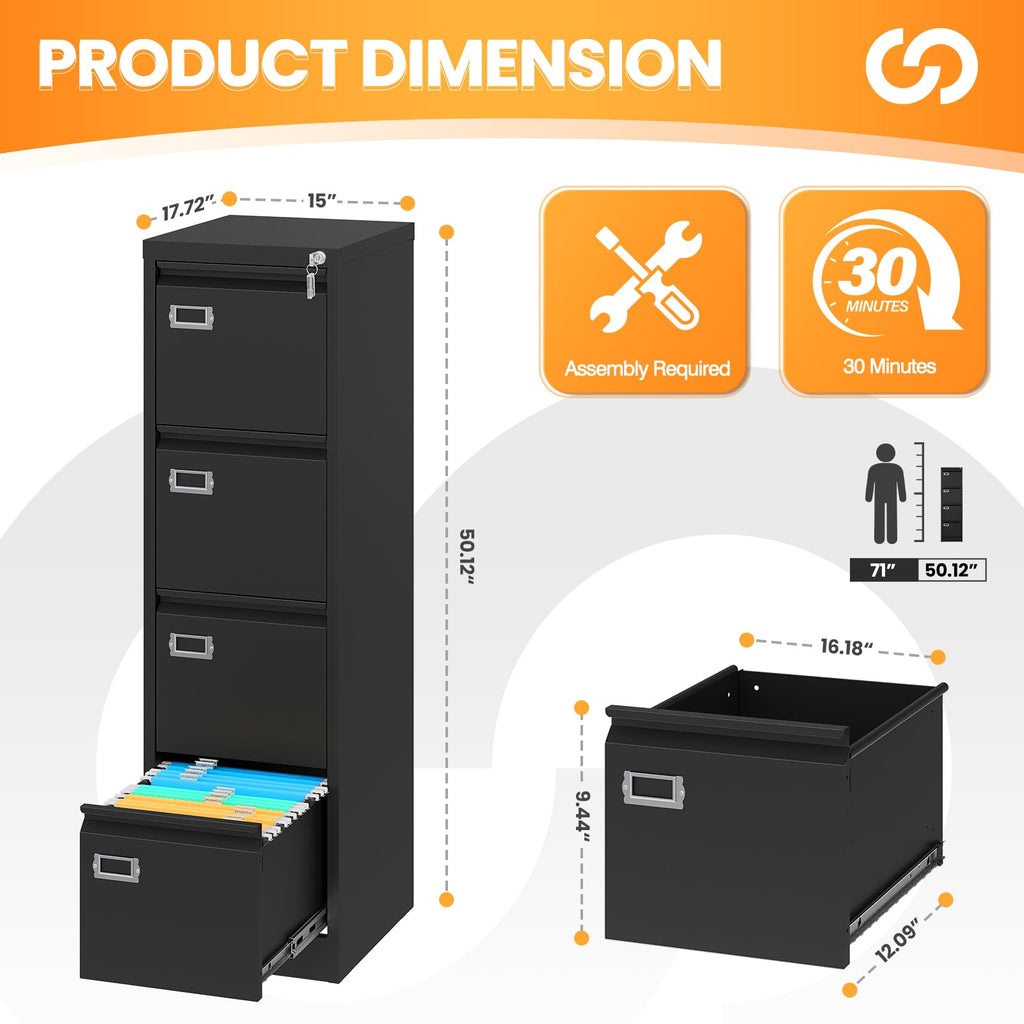 4 Drawer Black Metal File Cabinet with Lock T3522