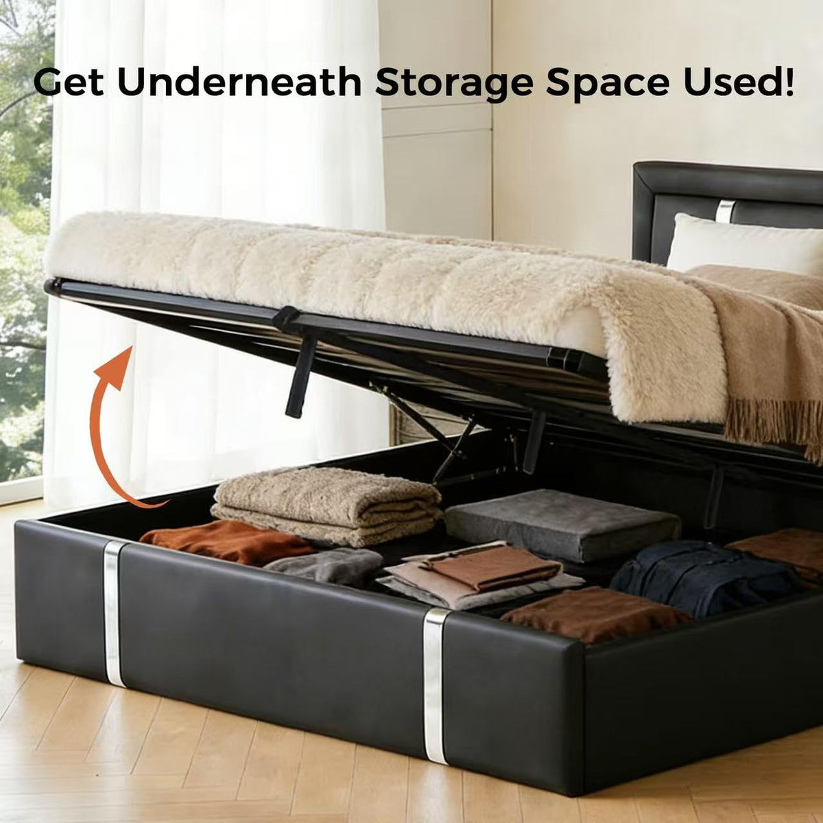 Black Faux Leather Upholstered Full Size Bed Frame with LED Headboard and USB Ports W735