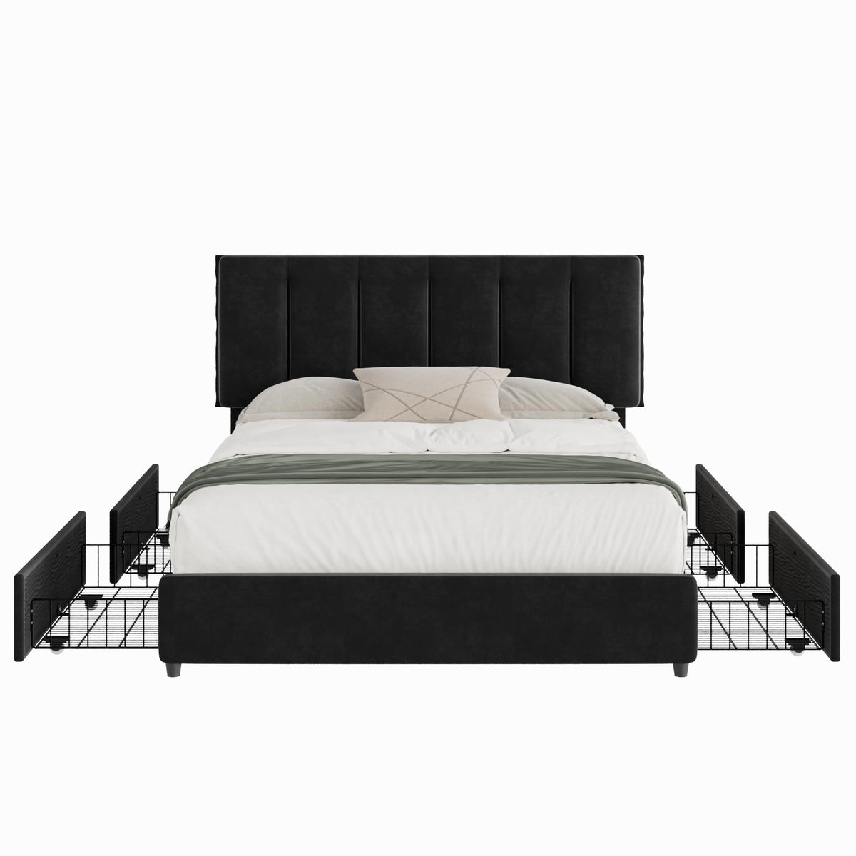 Queen Size Black Bed Frame with 4 Storage Drawers L387808