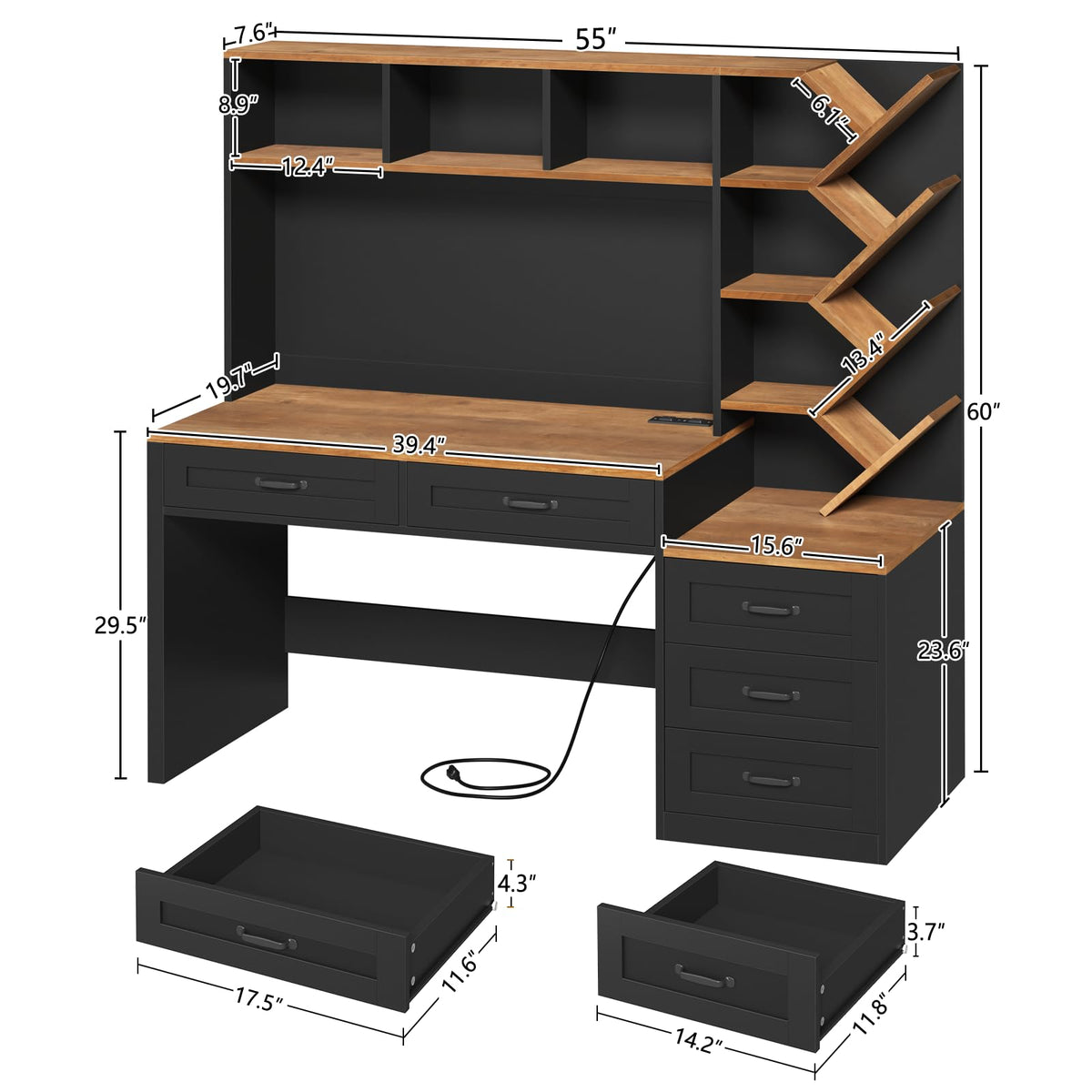 55" Computer Desk with Bookshelf, Drawers & Hutch C9193