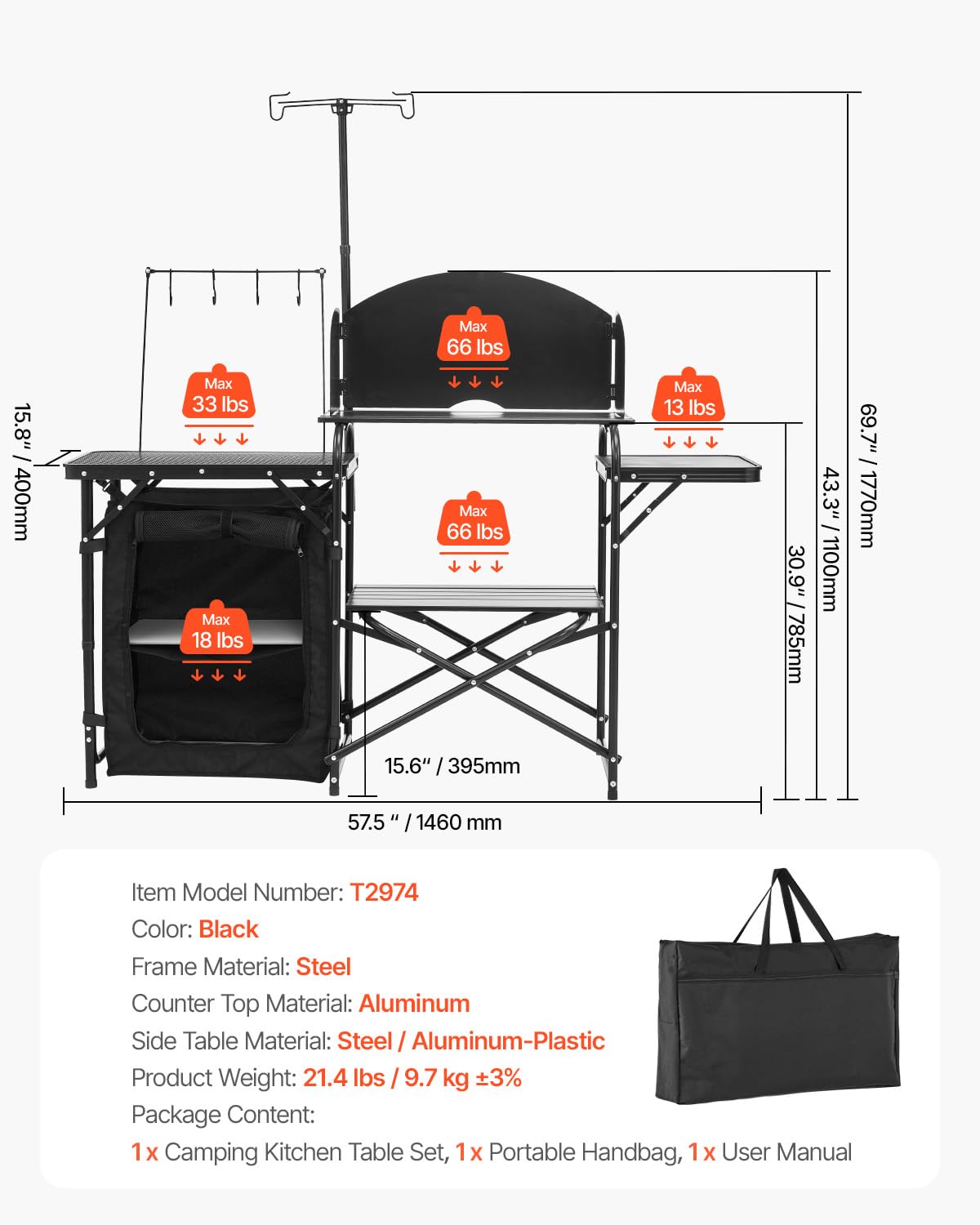 Black Aluminum Camping Kitchen Table with Storage Cupboard Z49445