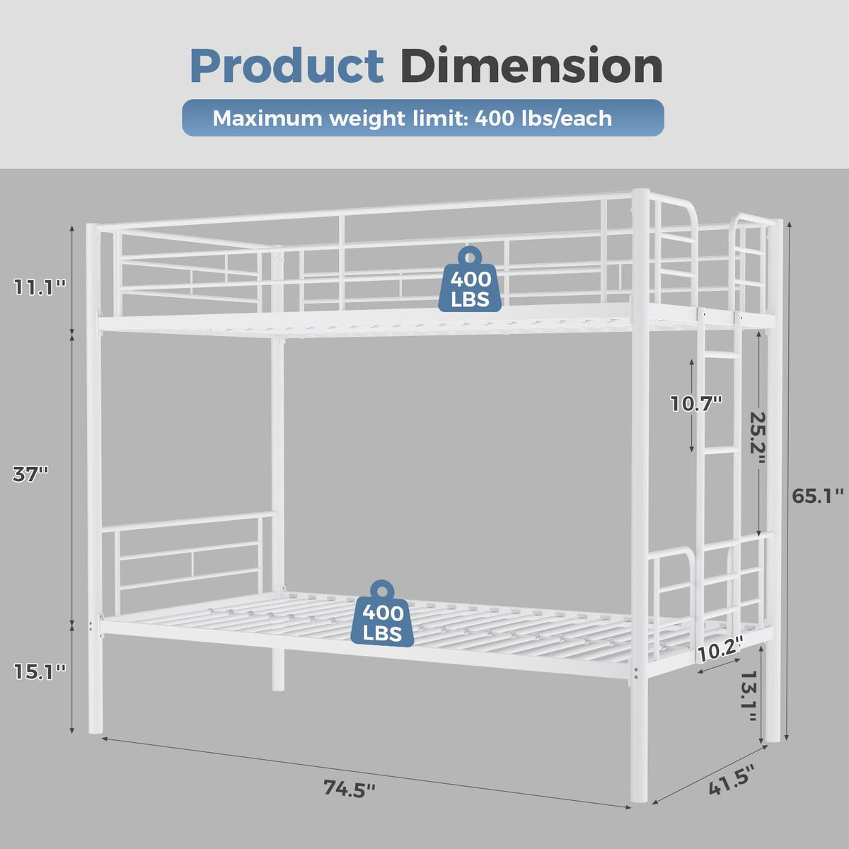 Metal Bunk Bed Twin Over Twin with Ladder and Guardrail Z8544
