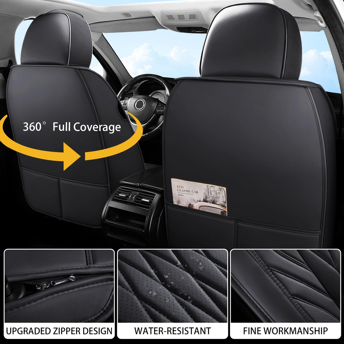 Black Faux Leather Car Seat Cover Full Set B870