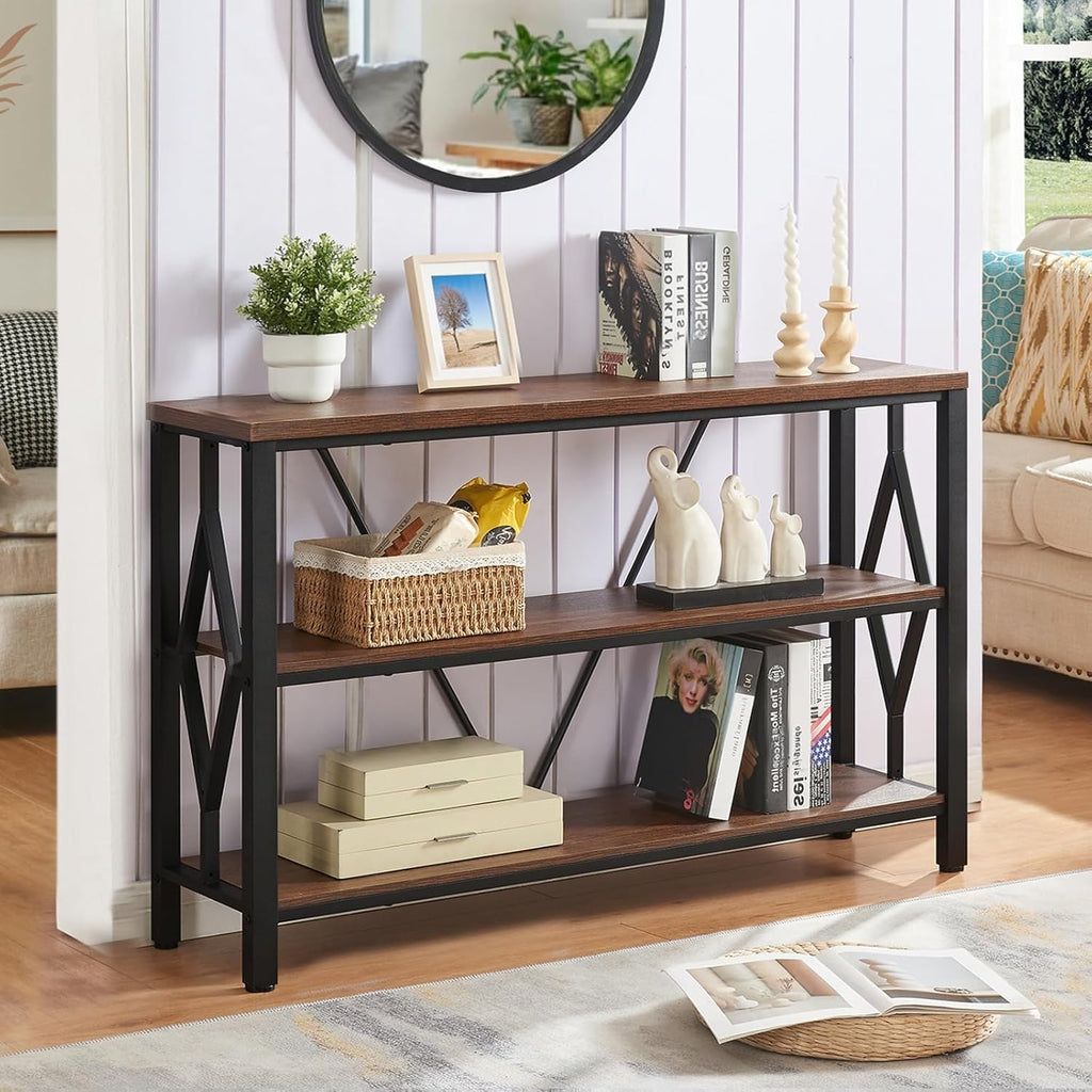 Brown 47 Inch Sofa Console Table with 3 Tier Bookshelf N9606