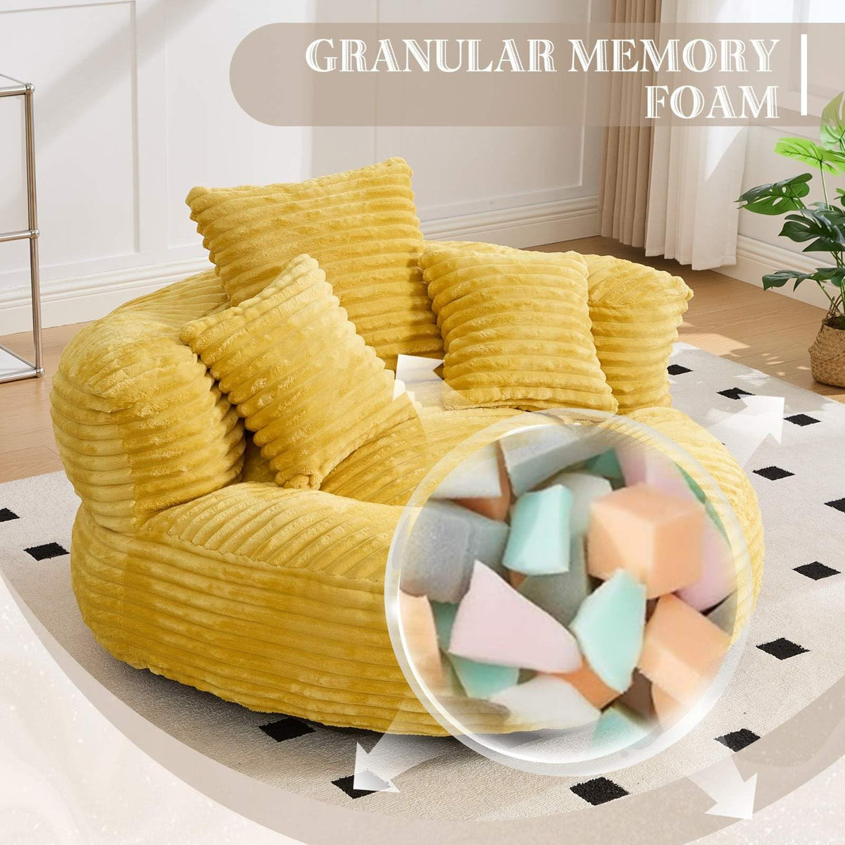 Oversized Corduroy Bean Bag Chair with 3 Pillows A51452