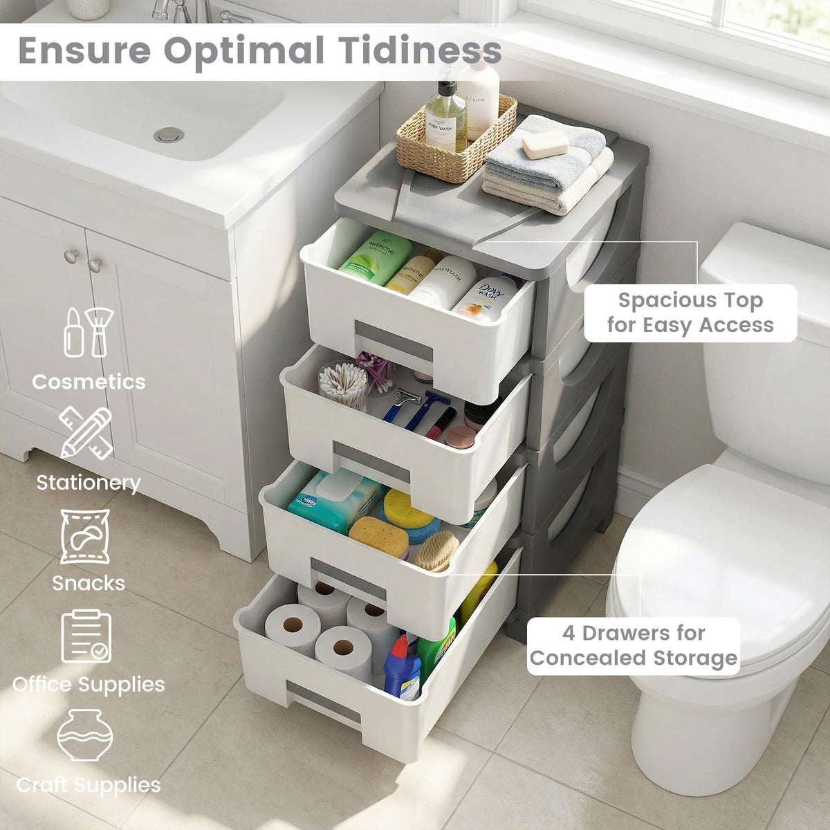 White Grey 4 Drawer Plastic Storage Tower G515004