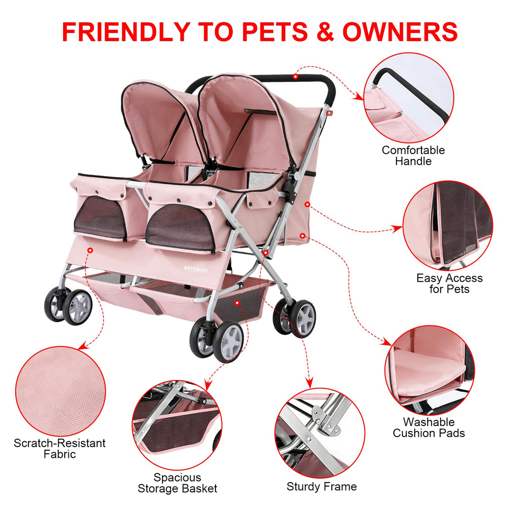 Double Pet Stroller for 2 Small Dogs & Cats, Side-by-Side Twin Travel Carriage with Safety Leashes, Mesh Windows & Double Storage Baskets, Lightweight & Foldable, 44lbs Capacity, Pink Z5518