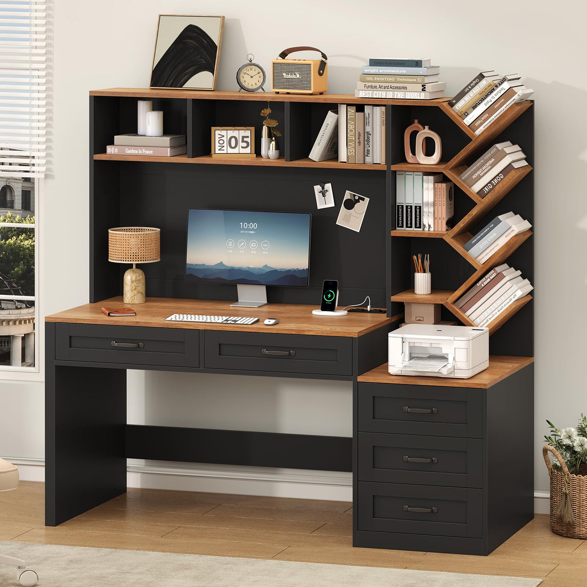 55" Computer Desk with Bookshelf, Drawers & Hutch C9193