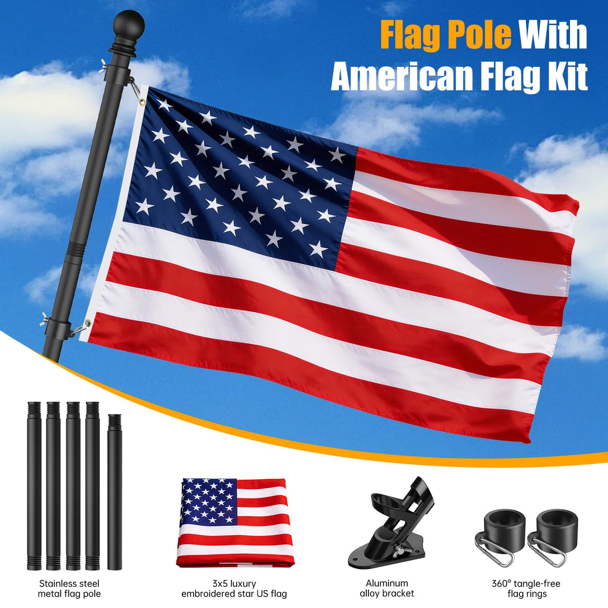 6FT Heavy Duty Tangle Free Steel Flag Pole Kit with 3x5 USA Flag I9497