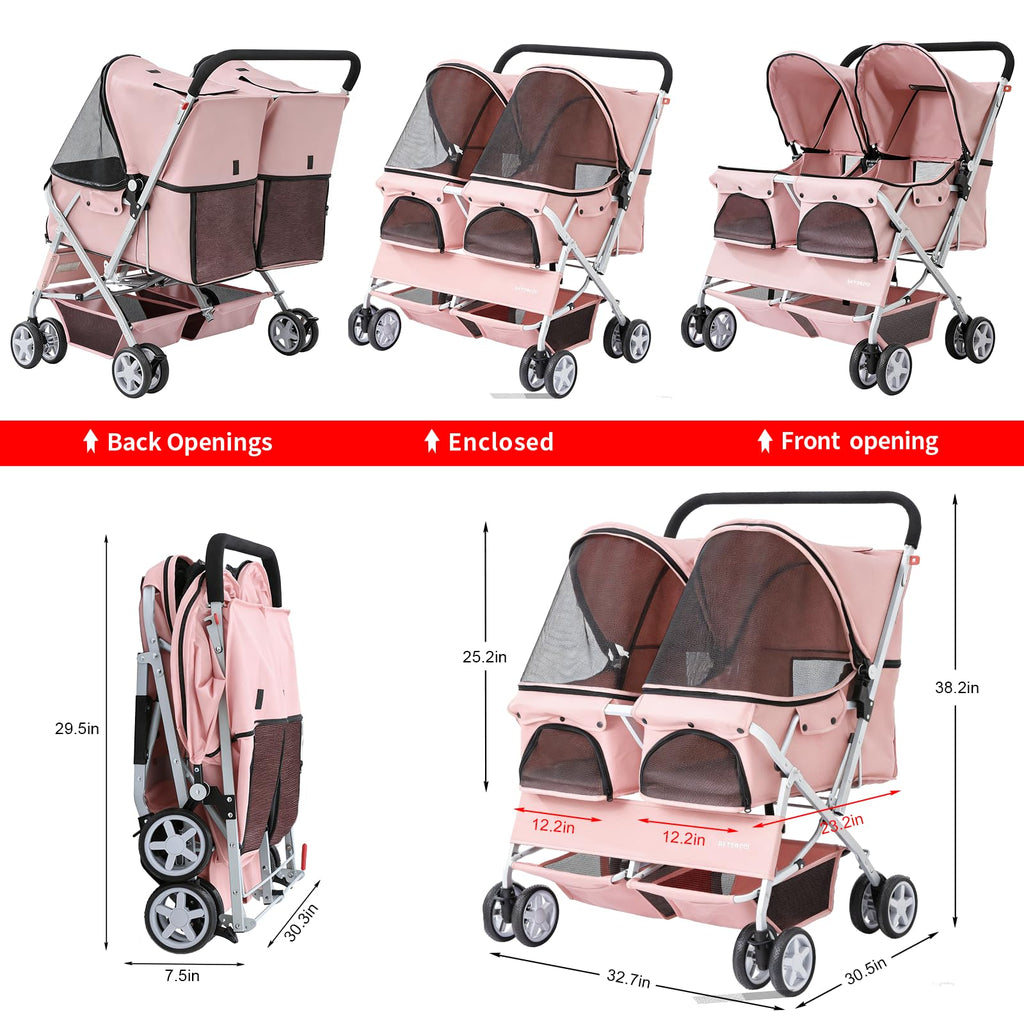 Double Pet Stroller for 2 Small Dogs & Cats, Side-by-Side Twin Travel Carriage with Safety Leashes, Mesh Windows & Double Storage Baskets, Lightweight & Foldable, 44lbs Capacity, Pink Z5518