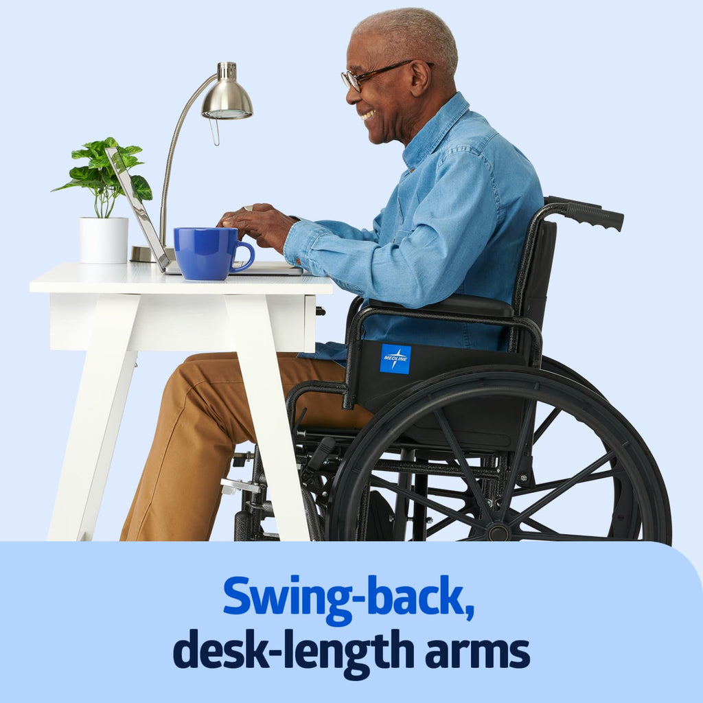 Folding Wheelchair with Swing-Back Desk-Length Arms and Elevating Footrests Q1288