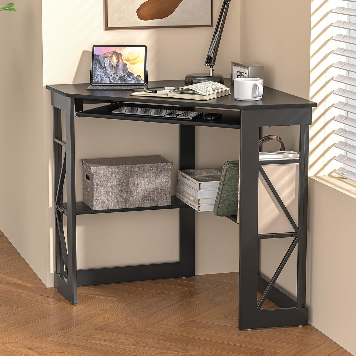 Black Corner Computer Desk with Keyboard Tray V886889
