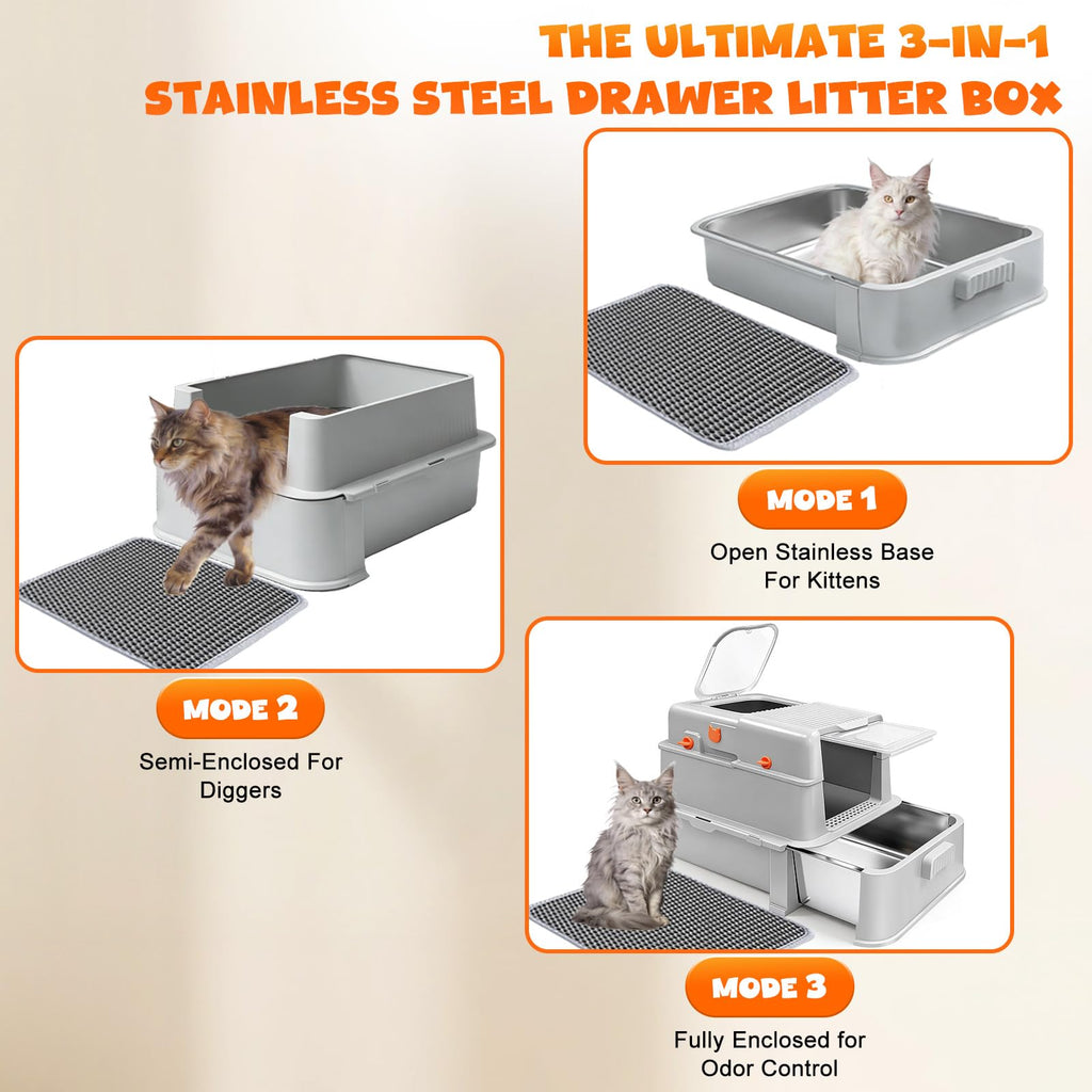 Enclosed Stainless Steel Cat Litter Box with Drawer Y994