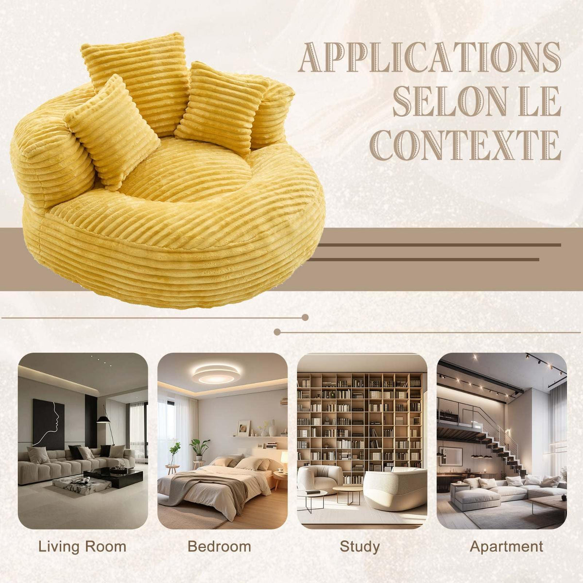Oversized Corduroy Bean Bag Chair with 3 Pillows A51452