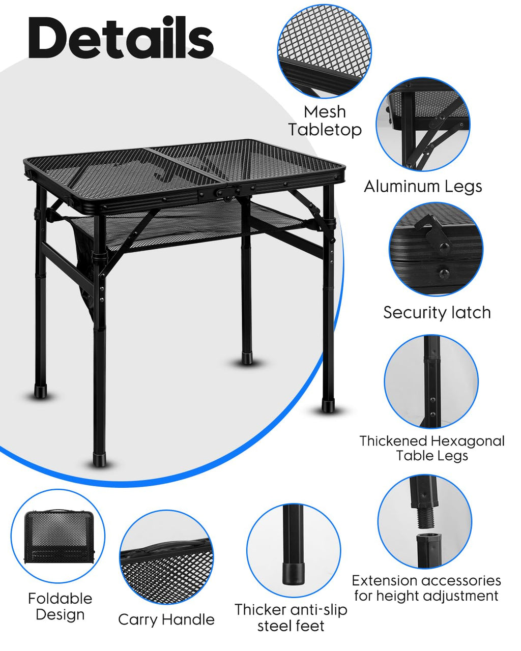 Folding Height Adjustable Aluminum Grill Table with Mesh Desktop and Mesh Bag, Black, 23.6×15.7 inch L24264