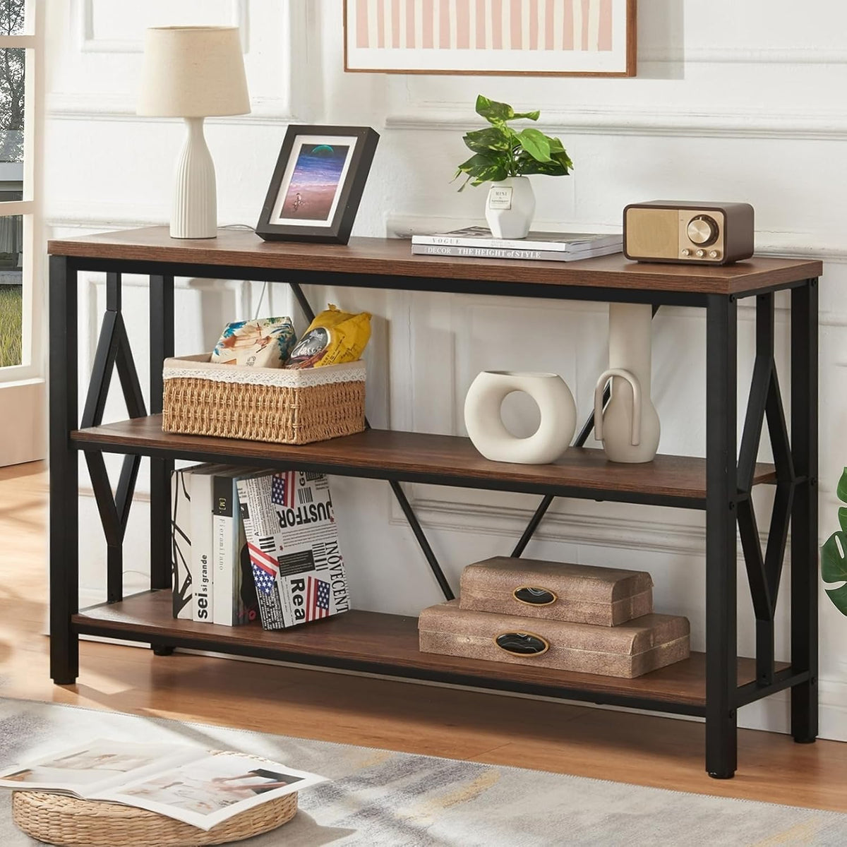Brown 47 Inch Sofa Console Table with 3 Tier Bookshelf N9606
