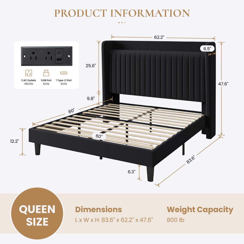 Queen Size Black Velvet Bed Frame with Shelf C782036