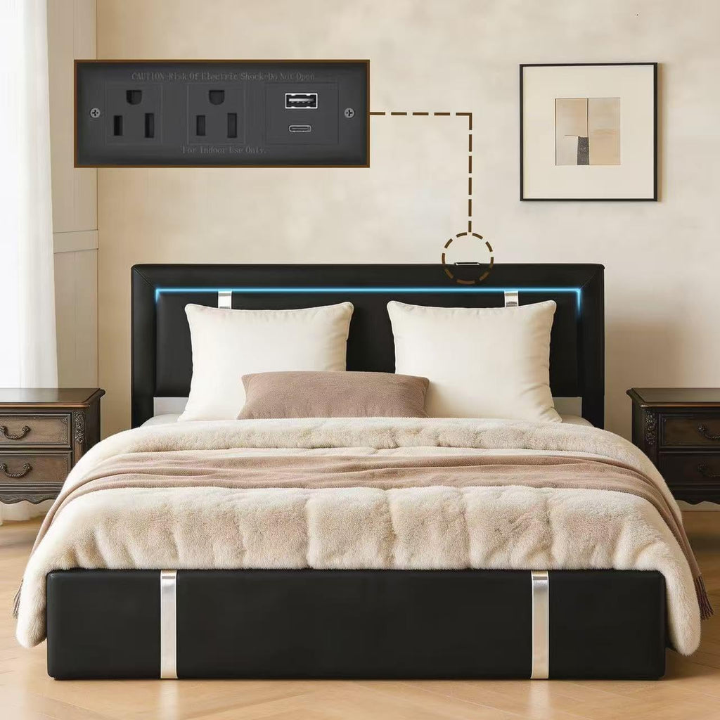 Black Faux Leather Upholstered Full Size Bed Frame with LED Headboard and USB Ports W735