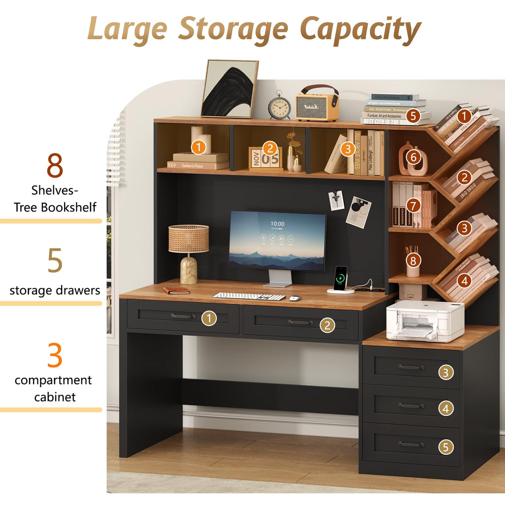 55" Computer Desk with Bookshelf, Drawers & Hutch C9193