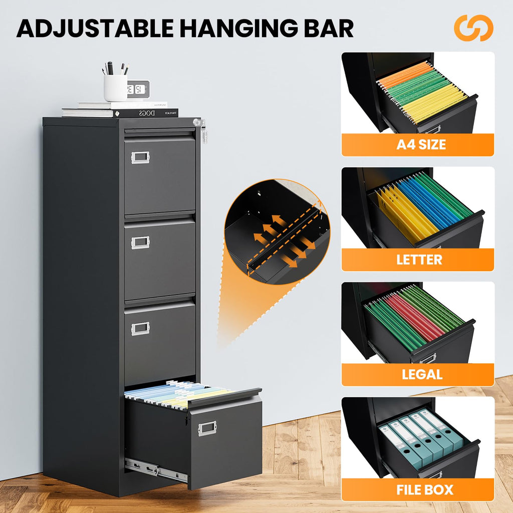 4 Drawer Black Metal File Cabinet with Lock T3522