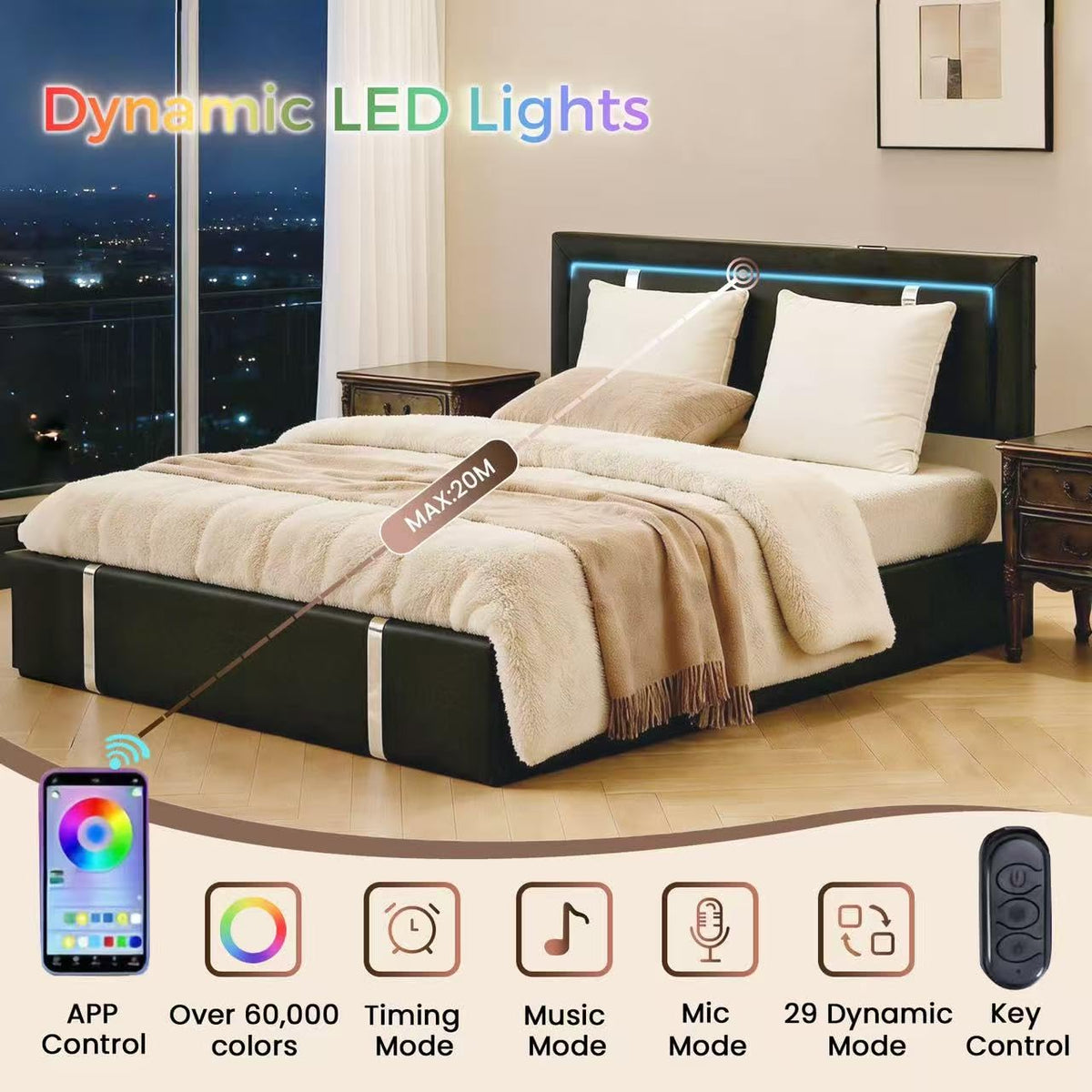 Black Faux Leather Upholstered Full Size Bed Frame with LED Headboard and USB Ports W735