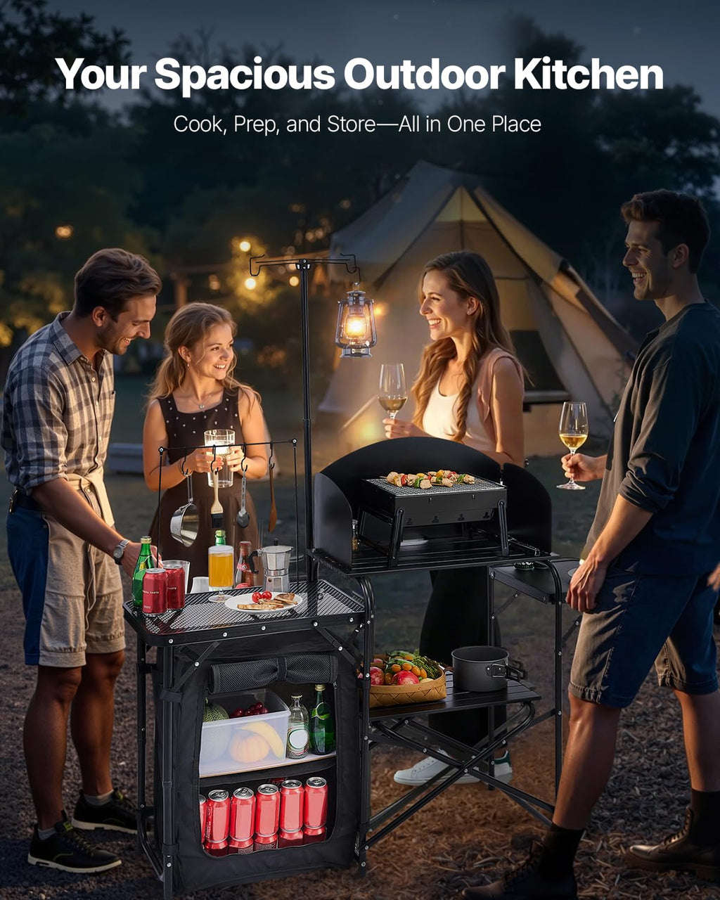 Black Aluminum Camping Kitchen Table with Storage Cupboard Z49445