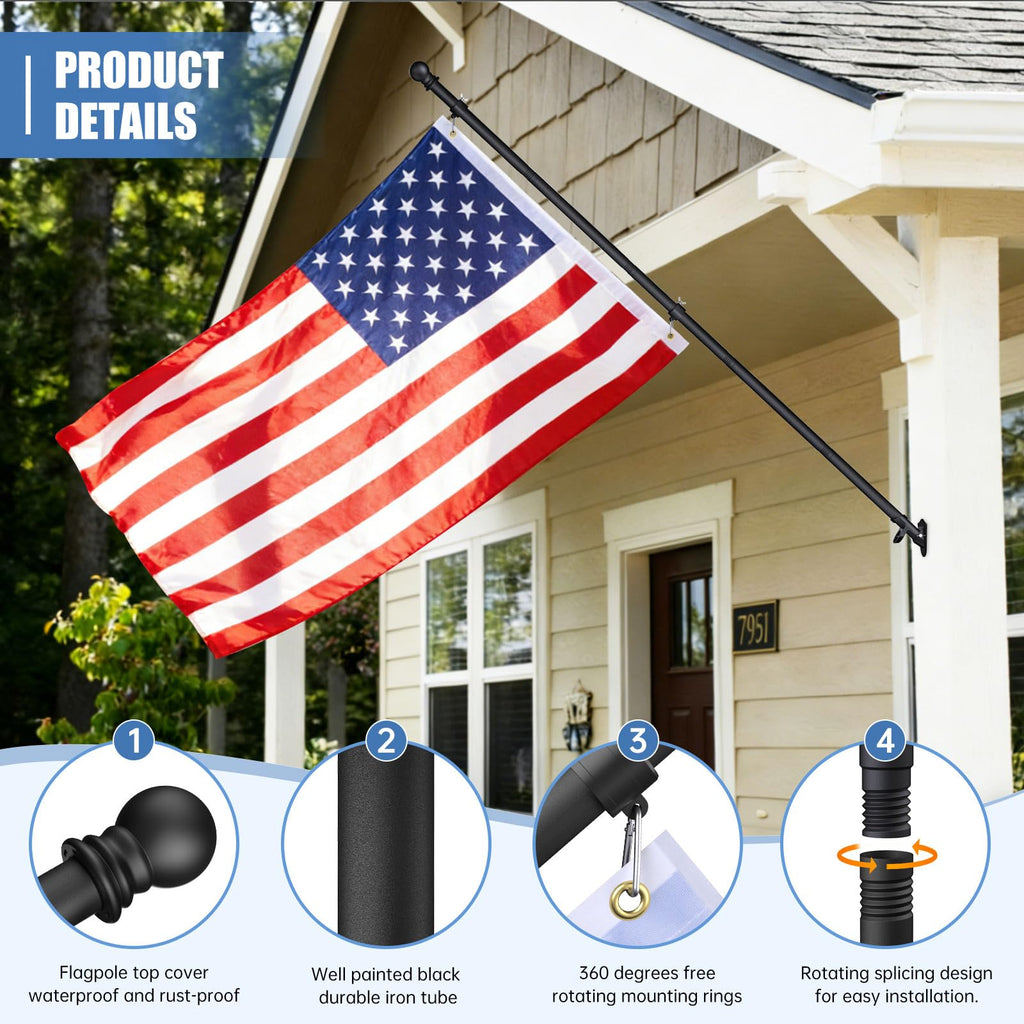 6FT Heavy Duty Tangle Free Steel Flag Pole Kit with 3x5 USA Flag I9497