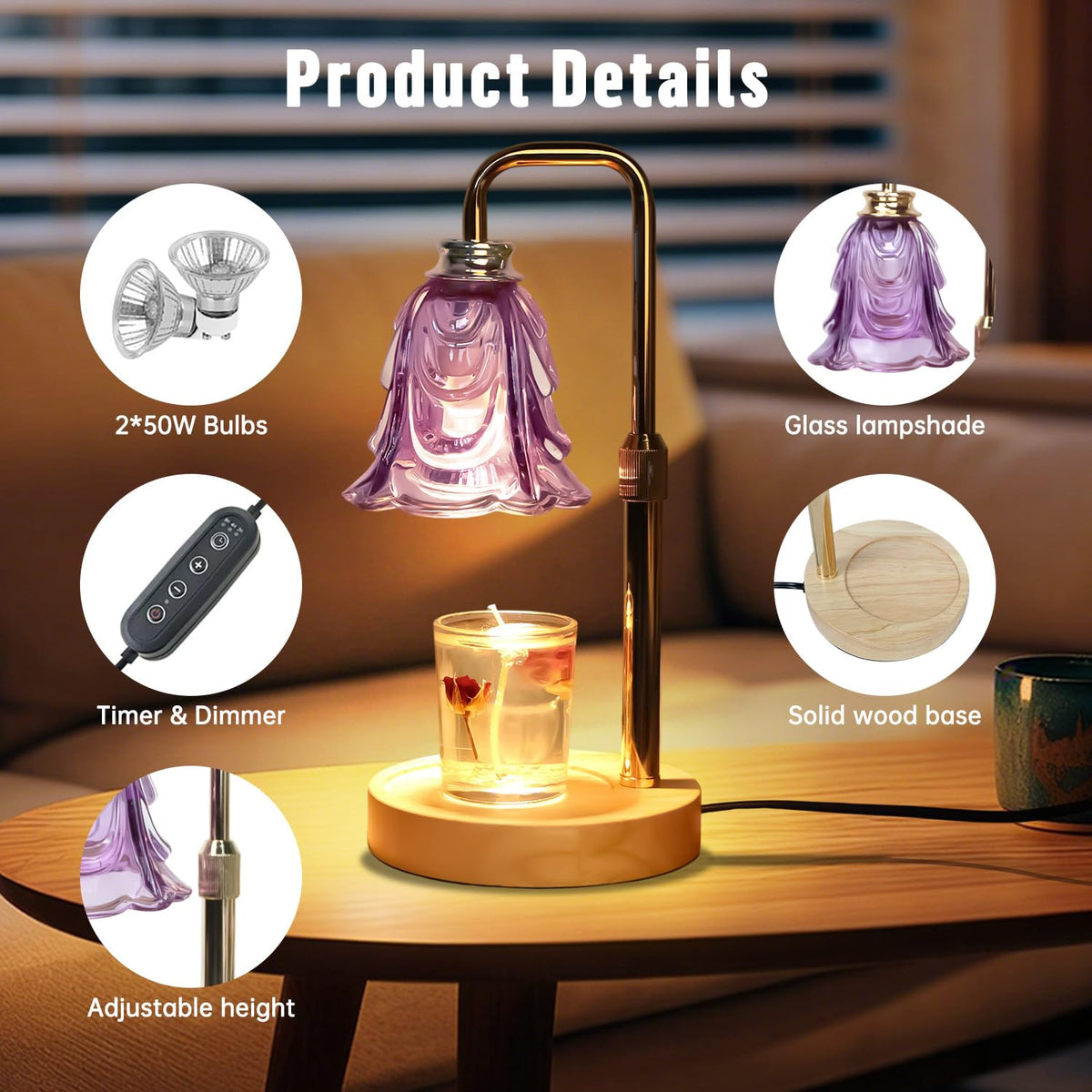 Adjustable Height Dimmable Candle Warmer Lamp with Timer M243800
