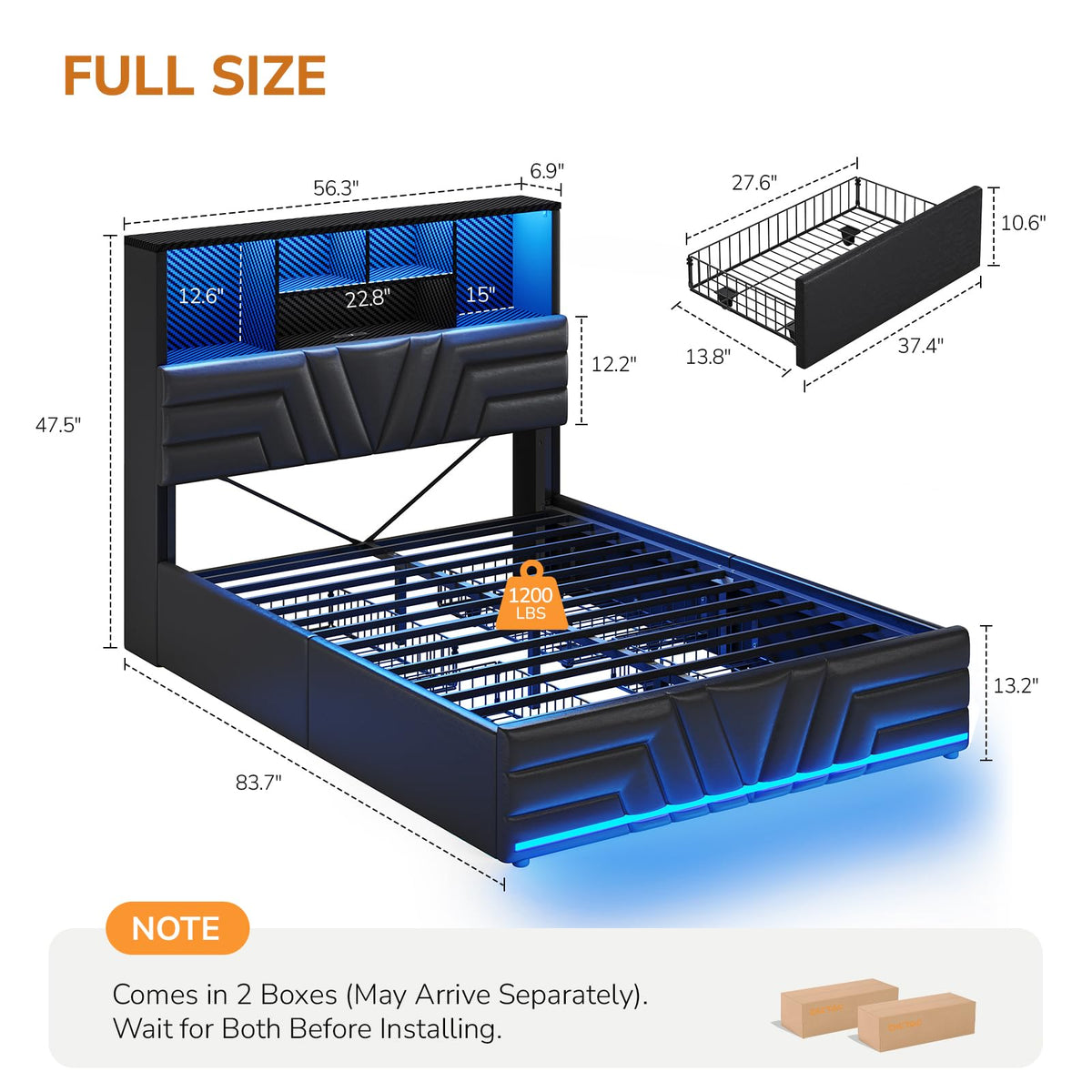 Full Size Bed Frame with 4 Drawers and Storage Headboard, Black D58782