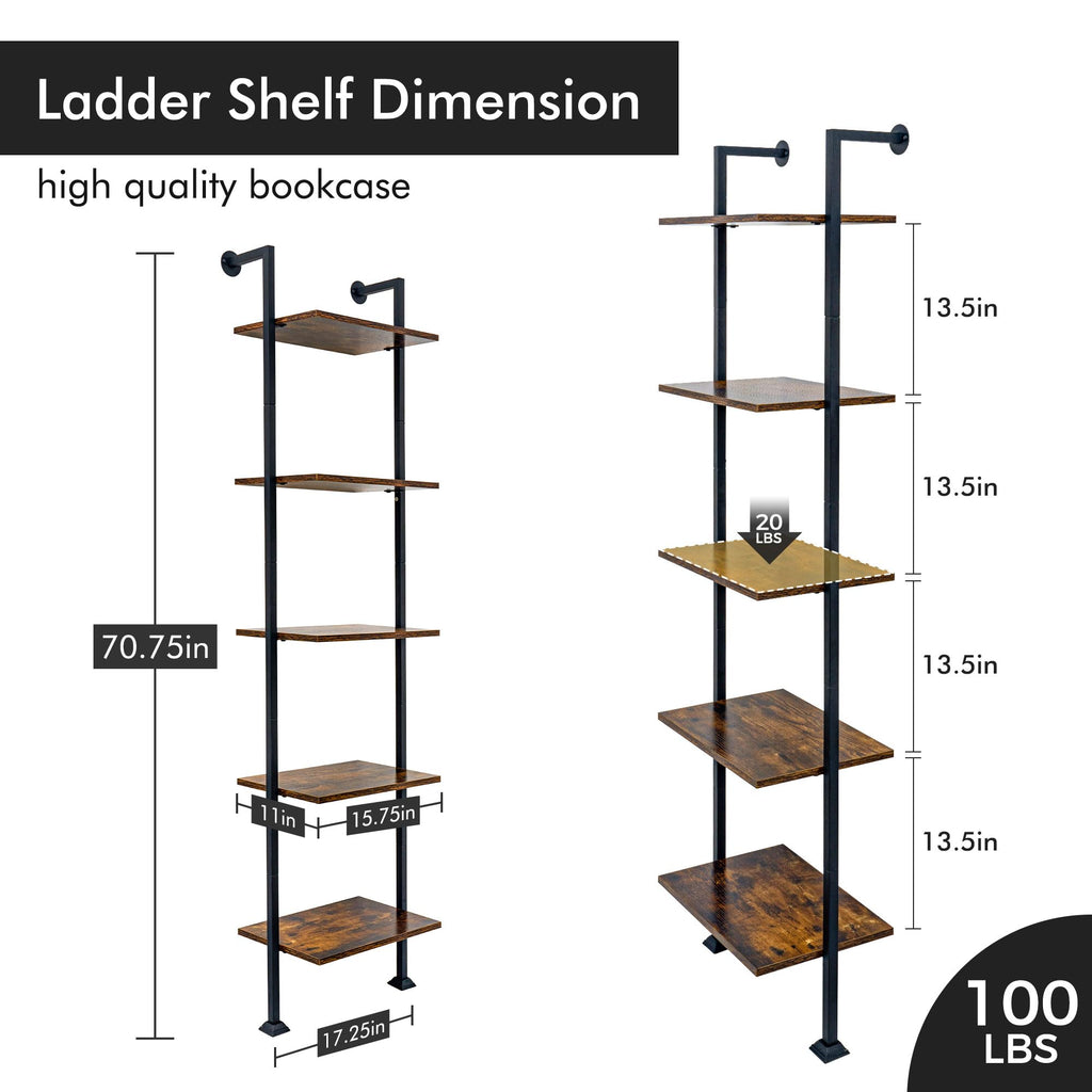 5-Tier Ladder Shelf Black Metal Frame Rustic Brown I354