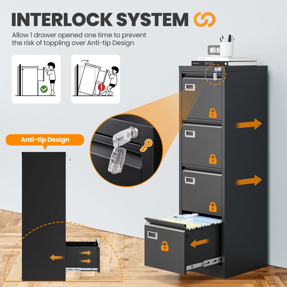 4 Drawer Black Metal File Cabinet with Lock T3522