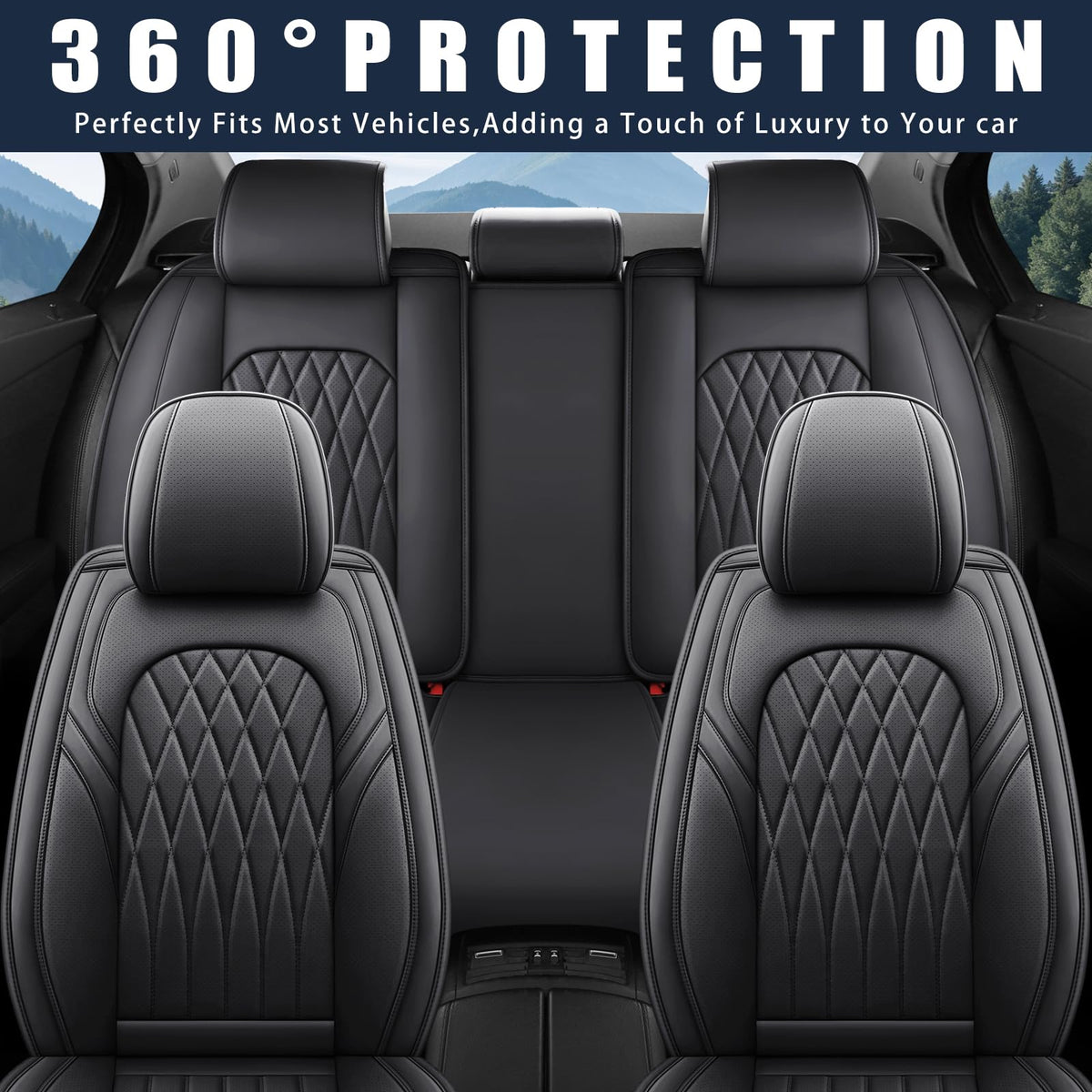 Black Faux Leather Car Seat Cover Full Set B870