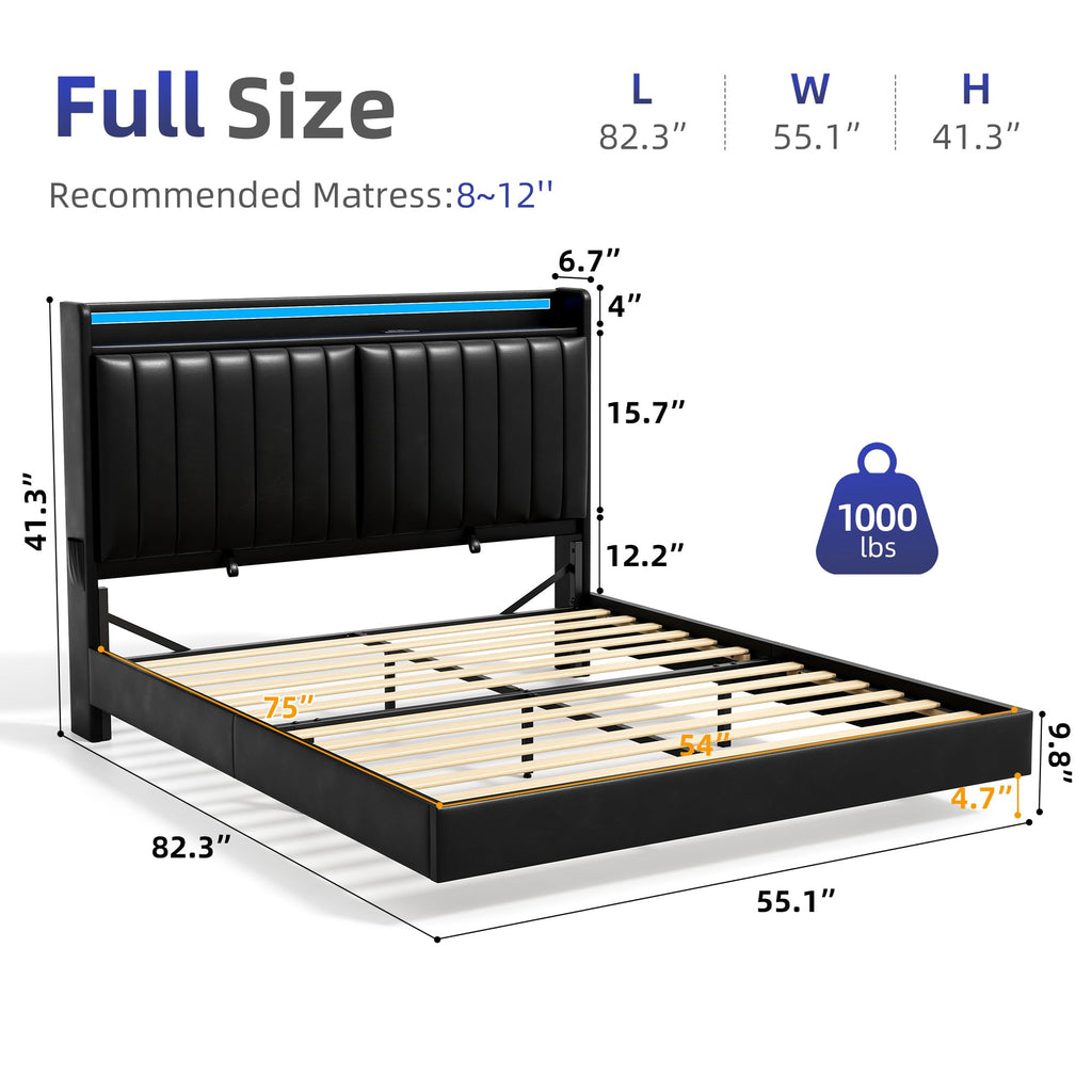 Full Size Black LED Bed Frame with Storage Headboard B1761