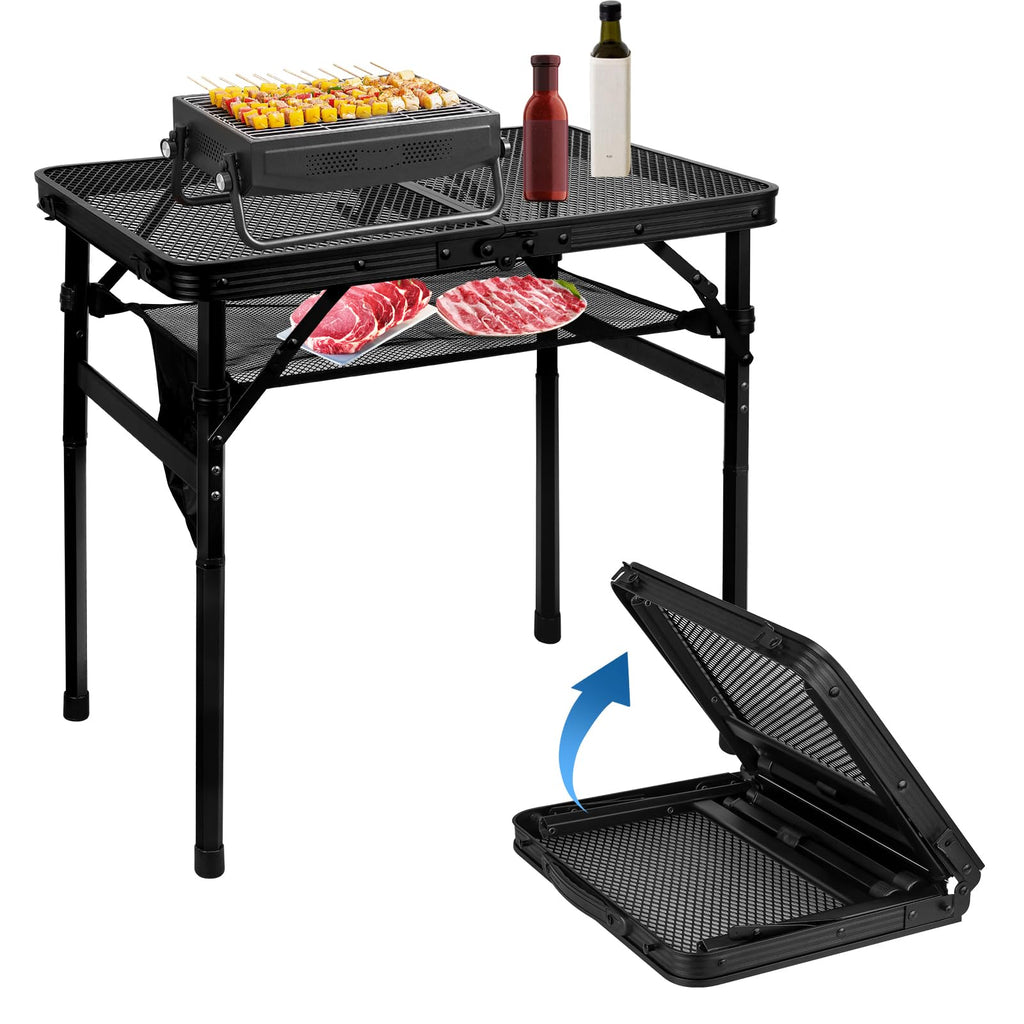 Folding Height Adjustable Aluminum Grill Table with Mesh Desktop and Mesh Bag, Black, 23.6×15.7 inch L24264
