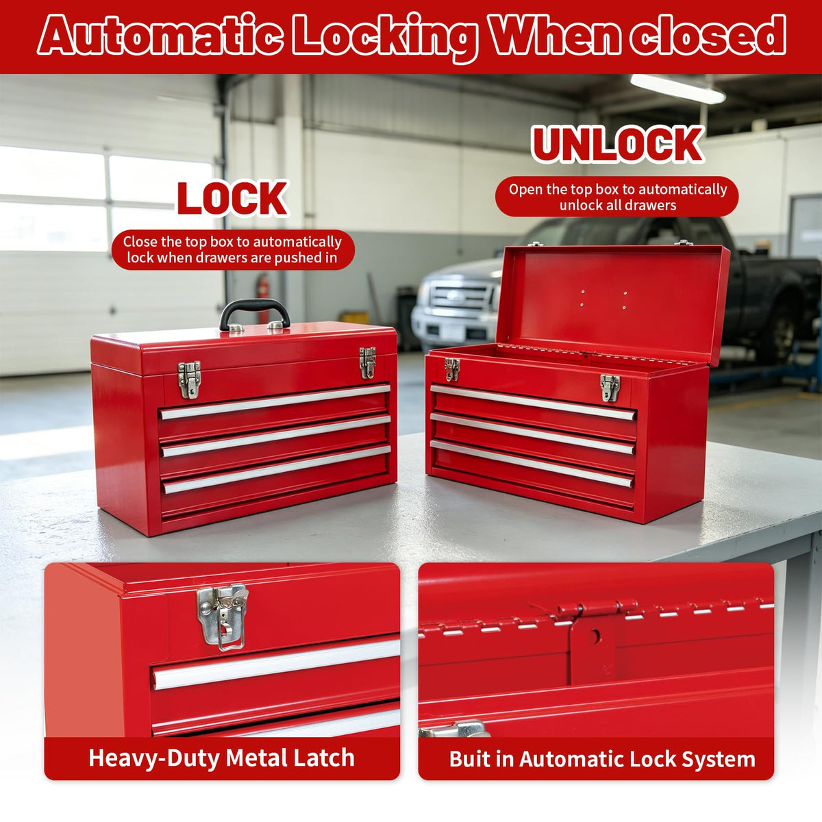 20.5-Inch Metal Tool Box with 3 Drawers X9259