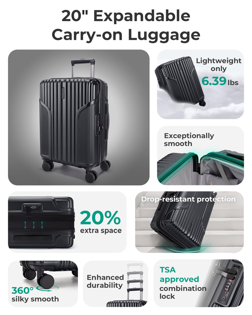 Carry On Luggage with Wheels, Black N667