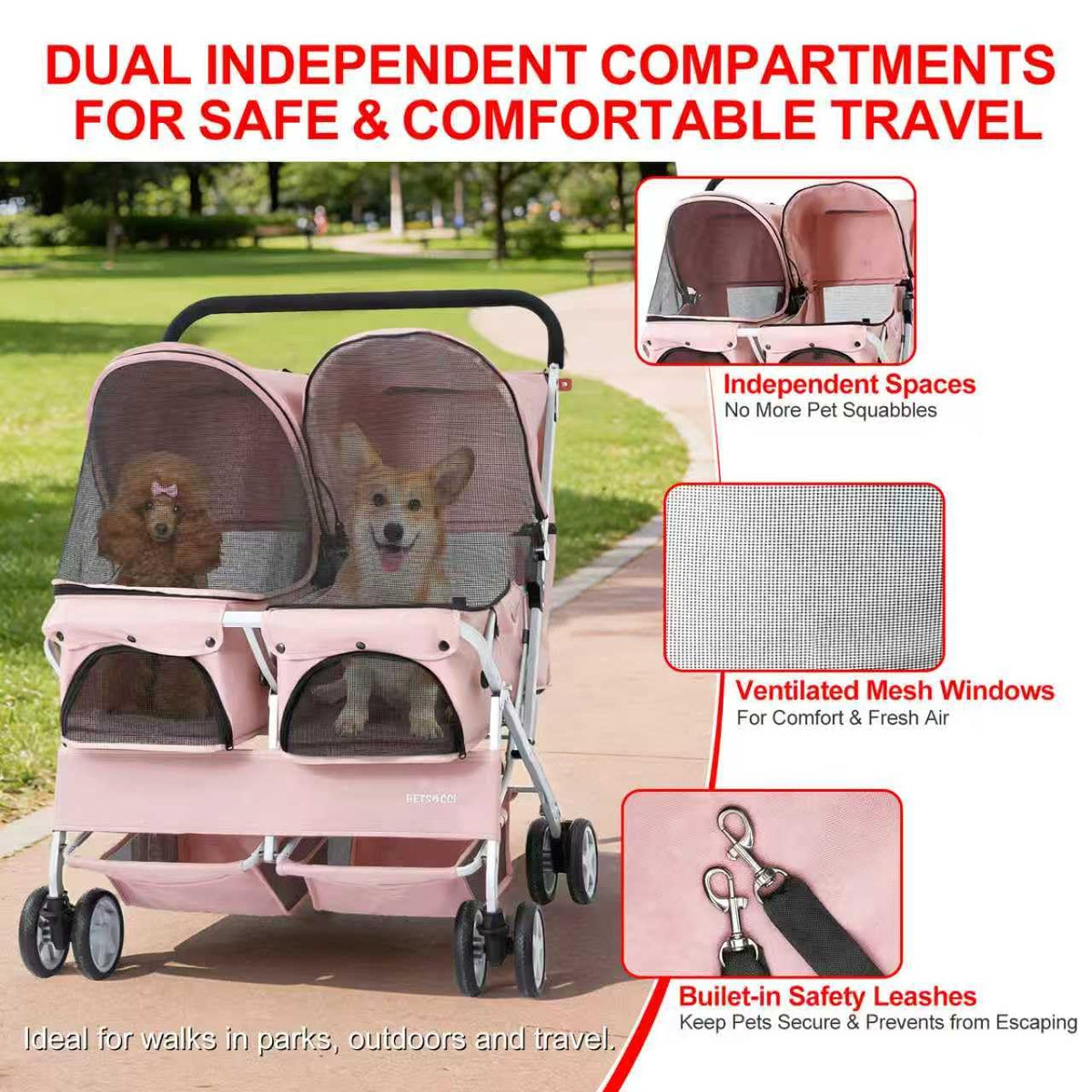 Double Pet Stroller for 2 Small Dogs & Cats, Side-by-Side Twin Travel Carriage with Safety Leashes, Mesh Windows & Double Storage Baskets, Lightweight & Foldable, 44lbs Capacity, Pink Z5518