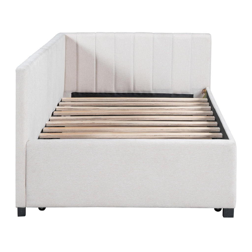 Beige Linen Upholstered Daybed with Trundle Twin Size K4541
