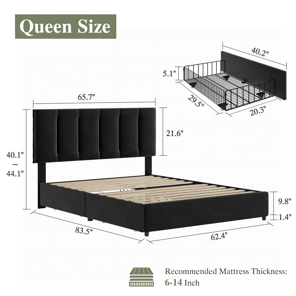 Queen Size Black Bed Frame with 4 Storage Drawers L387808