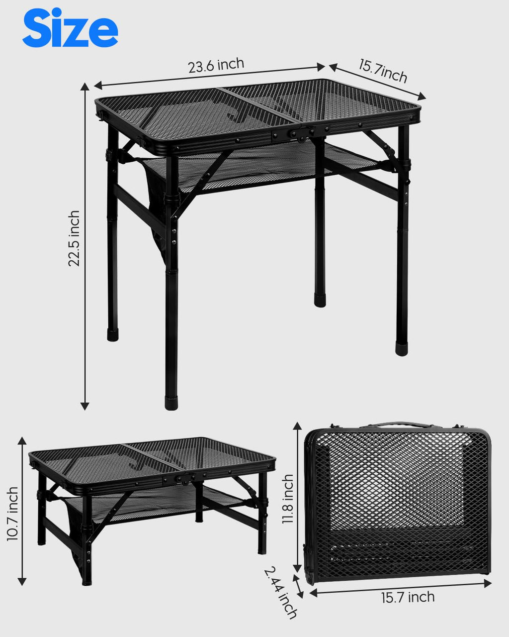 Folding Height Adjustable Aluminum Grill Table with Mesh Desktop and Mesh Bag, Black, 23.6×15.7 inch L24264