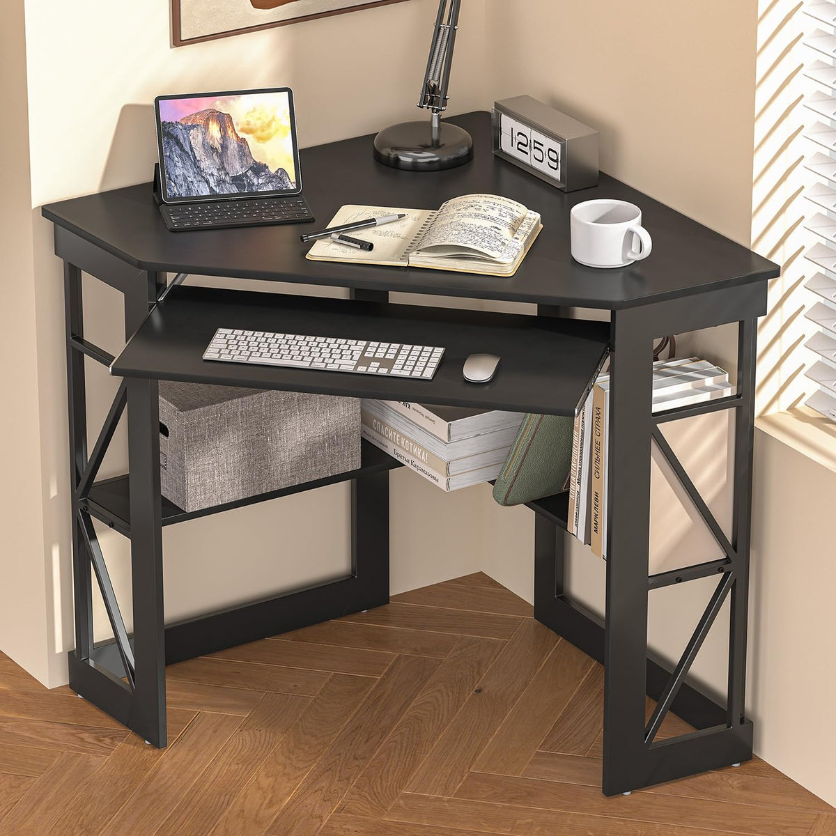 Black Corner Computer Desk with Keyboard Tray V886889