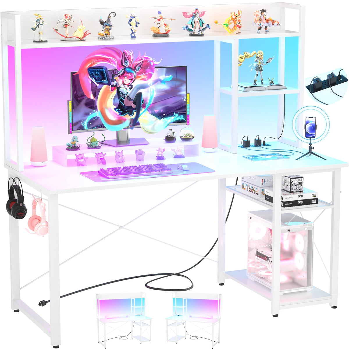 47'' White Gaming Desk with Hutch and Storage Shelves M2411