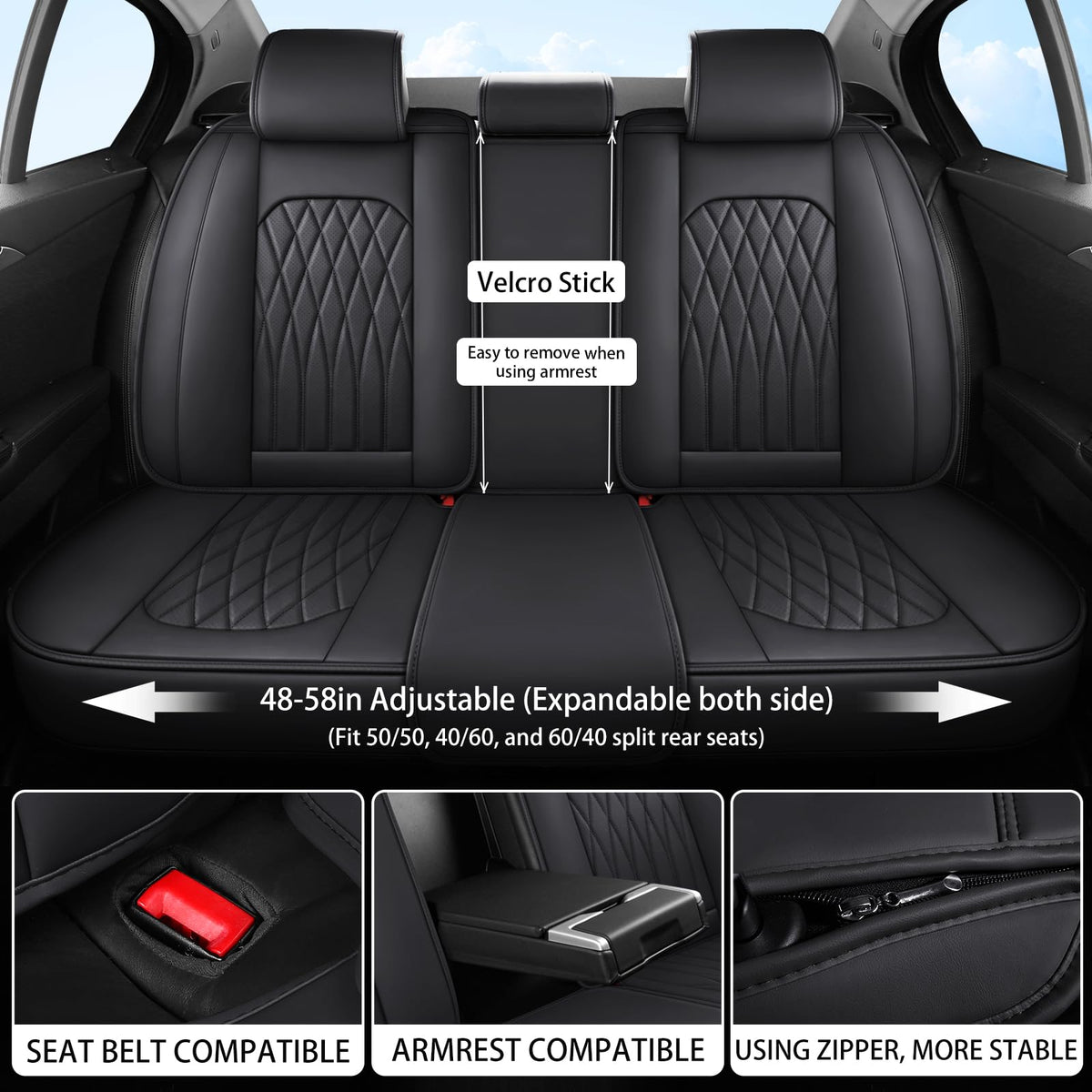 Black Faux Leather Car Seat Cover Full Set B870
